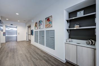 Hallway with black shelf